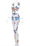 White Fashion Sexy Print Backless Asymmetrical Spaghetti Strap Sleeveless Two Pieces