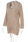 Green Sexy Solid Hollowed Out Patchwork Draw String Fold V Neck A Line Dresses