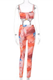 White Fashion Sexy Print Backless Asymmetrical Spaghetti Strap Sleeveless Two Pieces