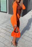 Orange Fashion Casual Patchwork Basic Turtleneck Long Sleeve Dresses pre-sale