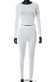 White Casual Solid Patchwork Frenulum Backless O Neck Long Sleeve Two Pieces