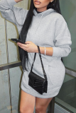 Grey Casual Solid Patchwork Hooded Collar Straight Dresses