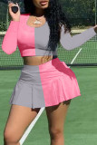 Pink Fashion Casual Solid Patchwork U Neck Long Sleeve Two Pieces
