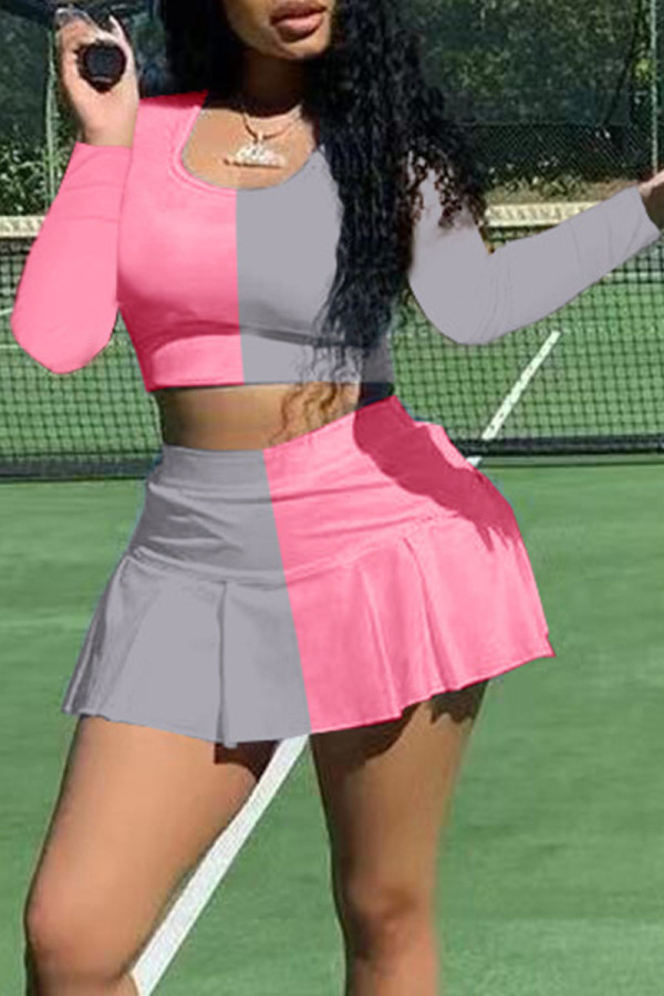 Pink Fashion Casual Solid Patchwork U Neck Long Sleeve Two Pieces