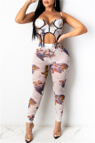 White Fashion Sexy Print Backless Asymmetrical Spaghetti Strap Sleeveless Two Pieces