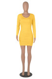 Yellow Fashion Casual Solid Fold O Neck Long Sleeve Dresses