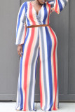 Pink Fashion Casual Striped Print Patchwork V Neck Long Sleeve Two Pieces