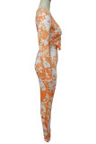 Yellow Sexy Print Patchwork Asymmetrical Zipper V Neck Long Sleeve Two Pieces