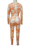 Yellow Sexy Print Patchwork Asymmetrical Zipper V Neck Long Sleeve Two Pieces