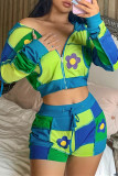 Blue Fashion Casual Print Patchwork Zipper Hooded Collar Long Sleeve Two Pieces