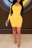 Yellow Fashion Casual Solid Fold O Neck Long Sleeve Dresses