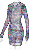 Colour Fashion Sexy Print Tear O Neck Long Sleeve Dresses