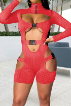 Fluorescent Red Sexy Solid Hollowed Out Turndown Collar Skinny Rompers