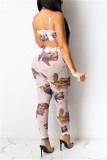 White Fashion Sexy Print Backless Asymmetrical Spaghetti Strap Sleeveless Two Pieces