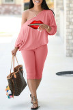 Pink Fashion Casual Print Patchwork Oblique Collar Long Sleeve Two Pieces