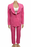 Pink Fashion Casual Solid Cardigan Pants Turn-back Collar Long Sleeve Two Pieces