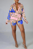 Blue Casual Print Patchwork Turndown Collar Long Sleeve Two Pieces