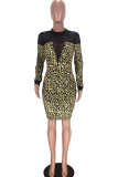 Leopard Print Sexy Casual Print Split Joint See-through O Neck Long Sleeve Dresses