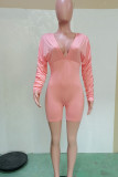 Pink Sexy Solid Patchwork Fold V Neck Regular Rompers