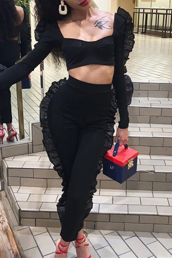 Black Sexy Casual Solid Patchwork Square Collar Long Sleeve Two Pieces