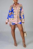 Blue Casual Print Patchwork Turndown Collar Long Sleeve Two Pieces