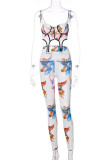 White Fashion Sexy Print Backless Asymmetrical Spaghetti Strap Sleeveless Two Pieces