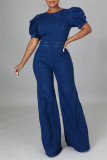The cowboy blue Fashion Casual Solid Backless O Neck Regular Jumpsuits