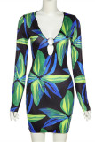 Green Fashion Sexy Print Hollowed Out V Neck Long Sleeve Dresses