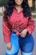 Red Casual Print Patchwork Turndown Collar Tops