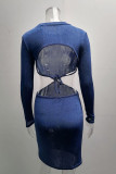 Grey Fashion Sexy Solid Hollowed Out O Neck One Step Skirt Dresses