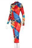 Colour Fashion Sexy Print Asymmetrical Half A Turtleneck Long Sleeve Dresses