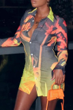 Multicolor Casual Print Patchwork Turndown Collar Shirt Dress Dresses