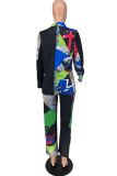 Black Casual Print Patchwork Turndown Collar Long Sleeve Two Pieces
