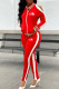 Red Fashion Casual Print Hollowed Out Patchwork Zipper Collar Long Sleeve Two Pieces