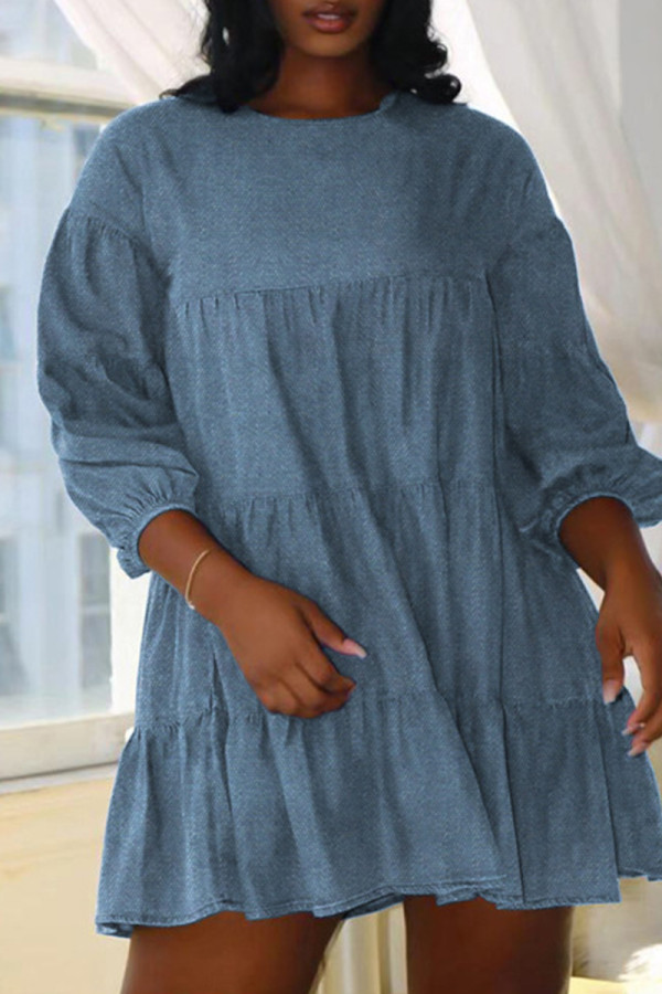 Light Blue Fashion Casual Solid Patchwork O Neck A Line Dresses