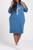 Blue Casual Print Patchwork Hooded Collar Long Sleeve Dresses