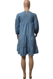 Deep Blue Fashion Casual Solid Patchwork O Neck A Line Dresses