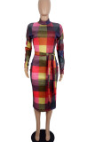 Colour Casual Plaid Print Patchwork With Belt Half A Turtleneck Long Sleeve Dresses