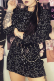 Black Sexy Print Patchwork O Neck Pencil Skirt Dresses