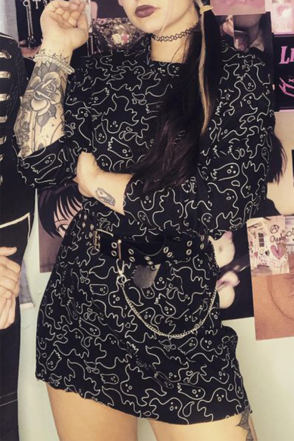 Black Sexy Print Patchwork O Neck Pencil Skirt Dresses