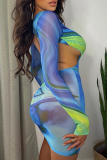 Blue Sexy Print Patchwork Half A Turtleneck Pencil Skirt Dresses