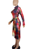 Colour Casual Plaid Print Patchwork With Belt Half A Turtleneck Long Sleeve Dresses