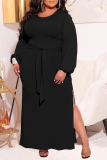 Tangerine Red Casual Solid Bandage Slit O Neck Pencil Skirt Dresses