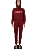Burgundy Casual Print Patchwork Hooded Collar Long Sleeve Two Pieces