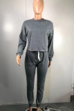 Grey Fashion Casual Solid Basic O Neck Long Sleeve Two Pieces
