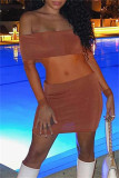 Brown Sexy Patchwork See-through Backless Off the Shoulder Long Sleeve Dresses