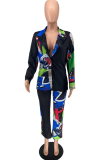 Black Casual Print Patchwork Turndown Collar Long Sleeve Two Pieces