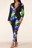 Black Casual Print Patchwork Turndown Collar Long Sleeve Two Pieces