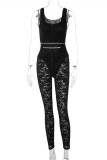 Black Fashion Sexy Patchwork Lace See-through U Neck Skinny Jumpsuits