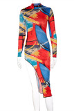 Colour Fashion Sexy Print Asymmetrical Half A Turtleneck Long Sleeve Dresses